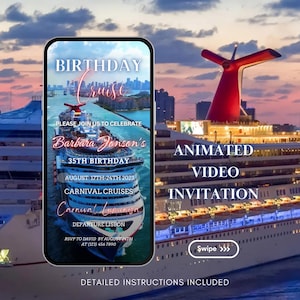 Modello di invito per crociera video Crociera di compleanno per lei Invito animato MSC Carnival Modello di itinerario per crociera Invito per festa di compleanno299