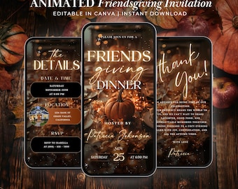Friendsgiving Dinner Invitation Template, Digital Fall Party Evite, Cozy Thanksgiving Dinner Video Invite, Editable Canva Instant Download
