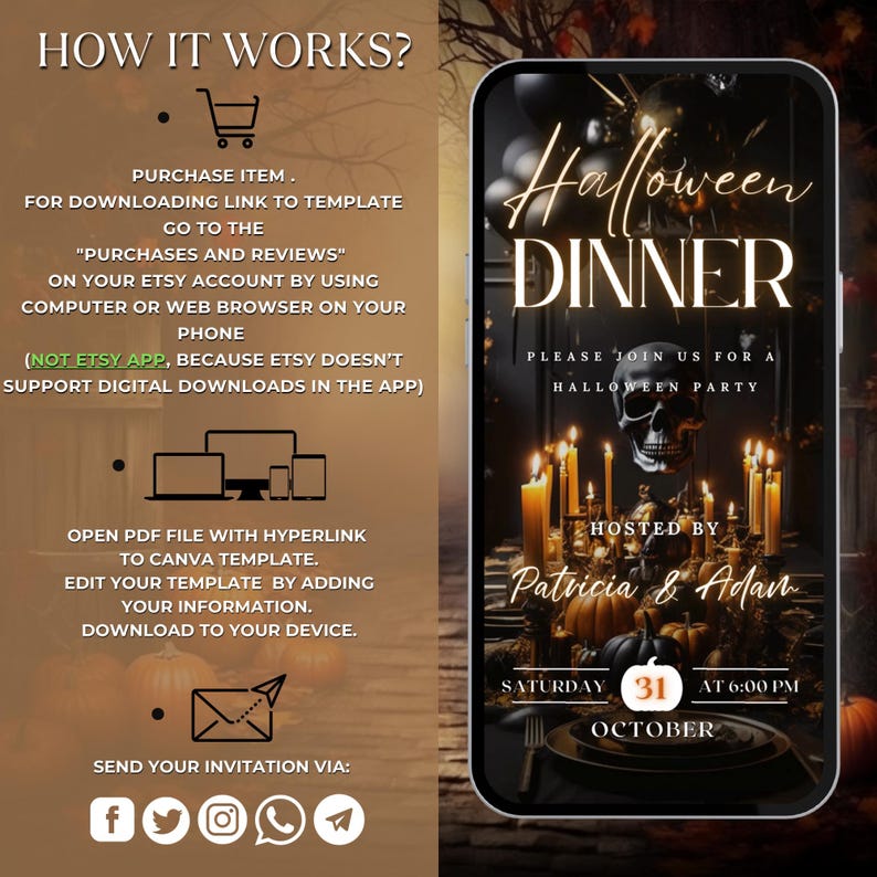 May include: Editable Halloween dinner party invitation template on a smartphone screen. The invitation features a skull, candles, pumpkins, and the text "Halloween Dinner" and "Please join us for a Halloween party".