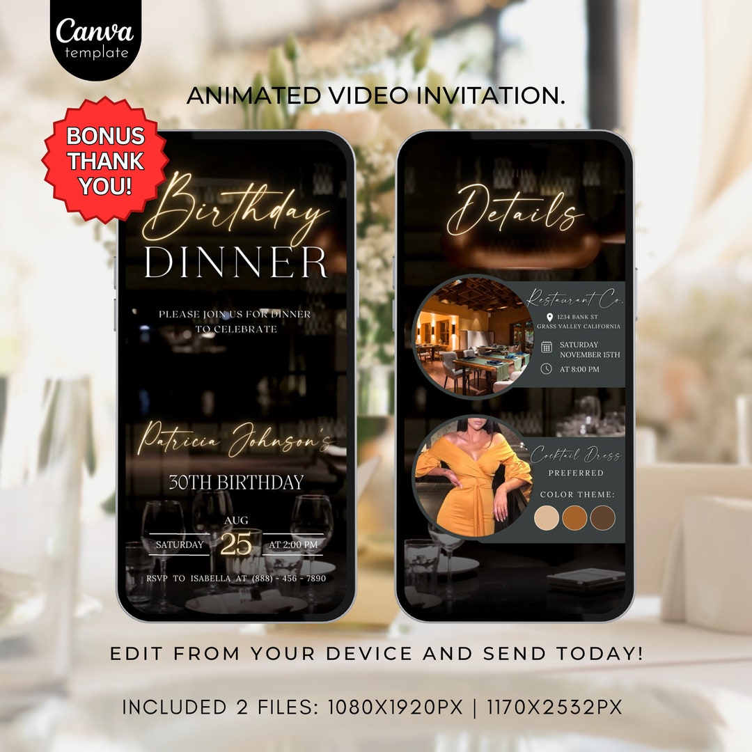 Animated Birthday Dinner Video Invitation Digital Birthday Party