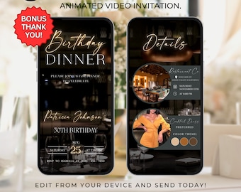 Animated Birthday dinner video invitation digital birthday party invitation text invitation dinner party invite download canva template 455