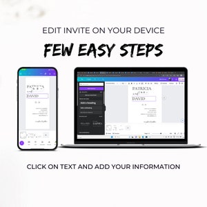 May include: A screenshot showing a computer screen and a mobile phone displaying a wedding invitation template. The template is customizable and allows users to add their own text and information. The text on the screen reads "PATRICIA and DAVID".