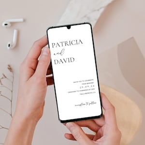 May include: A smartphone displaying a wedding invitation for Patricia and David. The invitation states the wedding will take place on September 25, 2024, at 3 PM at Villa Benezia, CA. The invitation also includes the text "reception to follow".