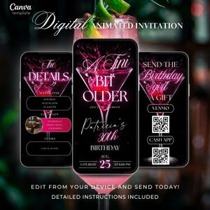 A Tini Bit Older Animated Birthday Invite, Pink and Black Cocktail Party Canva Template, Editable Video Card, Digital Birthday Download