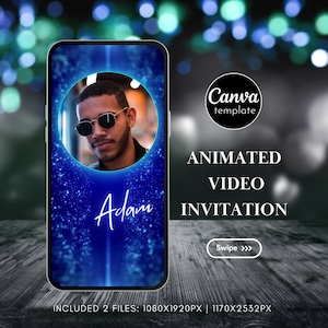 Digital Silver Blue Neon Save the Date Animated Video Invitation Minimalist Save The Date Instant Download Editable Template with photo 3