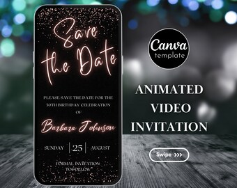 Edytowalny szablon zaproszenia Rose Gold Cyfrowe zaproszenie Save The Date Natychmiastowe pobranie Animowane zaproszenie urodzinowe Wideo z zaproszeniem urodzinowym 62