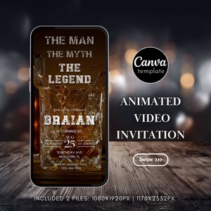 Invitación de cumpleaños de fiesta de whisky para hombre Invitación digital de fiesta sorpresa de cumpleaños Plantilla editable de whisky Invitaciones en video 429