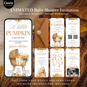 Puede incluir: Plantilla de invitación animada para baby shower con tema de calabaza. El diseño incluye una pantalla de teléfono móvil, un sobre y varias tarjetas con texto e ilustraciones. La invitación presenta el texto "A little PUMPKIN is on the way".