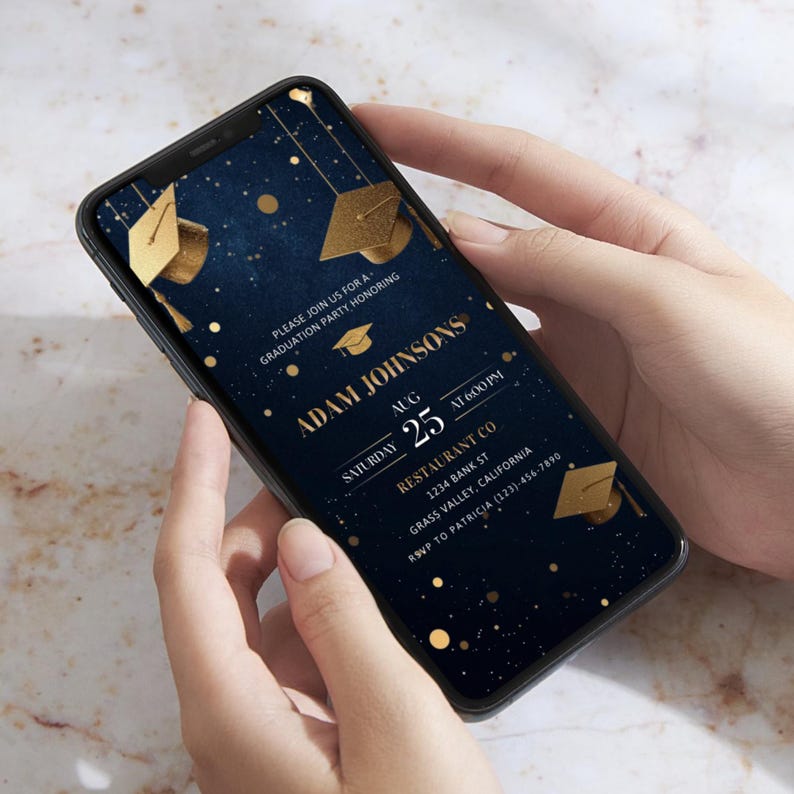 He Did It Graduation Invitation Template 2026, Animated Graduation Evite, Editable Canva Grad Party Invite, Navy Blue Gold Grad Invite bild 8