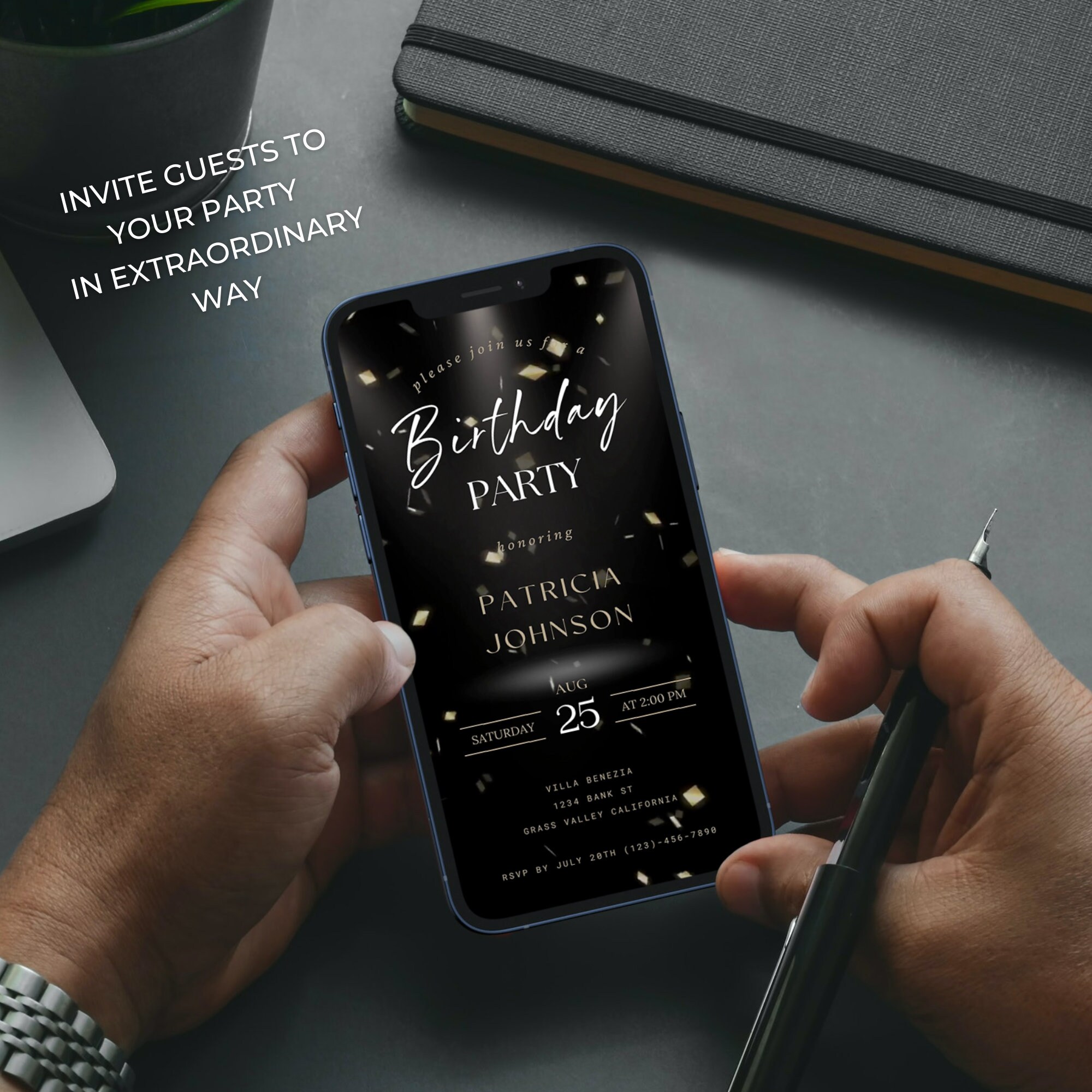 Editable Birthday Invitation Template Black and Gold Birthday Invite ...