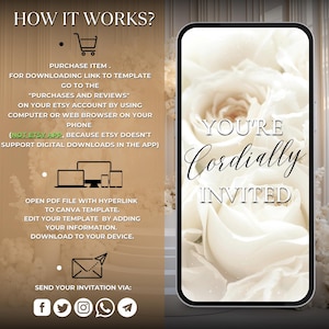May include: A white smartphone with a white rose on the screen. The text "YOU'RE Cordially INVITED" is displayed on the screen. The phone is on a white background. The image also includes instructions on how to purchase and download a digital template for a wedding invitation.