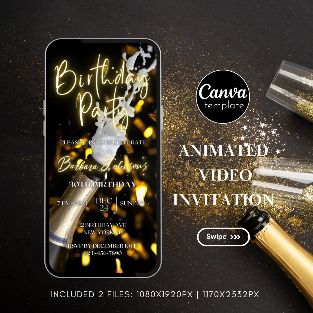 Editable Birthday Party Invitation Template Digital Gold and Black ...