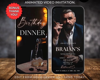 Digital Birthday Dinner Invitation Editable Template Animated Video Dinner Party Invite Black and Gold Instant Download Phone Evite 578