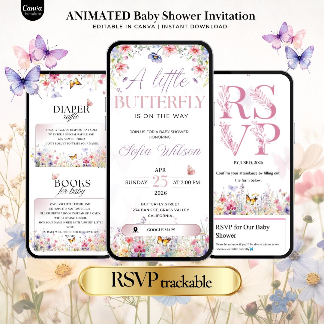 Animated Einvite Animated Baby Shower Invitation for Girl, RSVP Trackable Butterfly ...