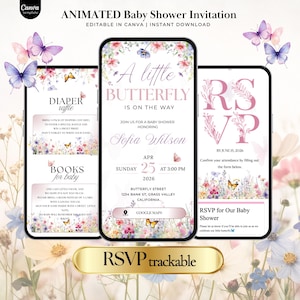 Animated Baby Shower Invitation for Girl, RSVP Trackable Butterfly Canva Template, Editable Floral Digital Shower eInvite