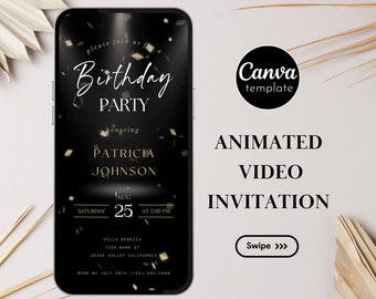 Modello di invito di compleanno modificabile Invito di compleanno in nero e oro per ragazze Invito video animato per feste di compleanno Invito mobile 339
