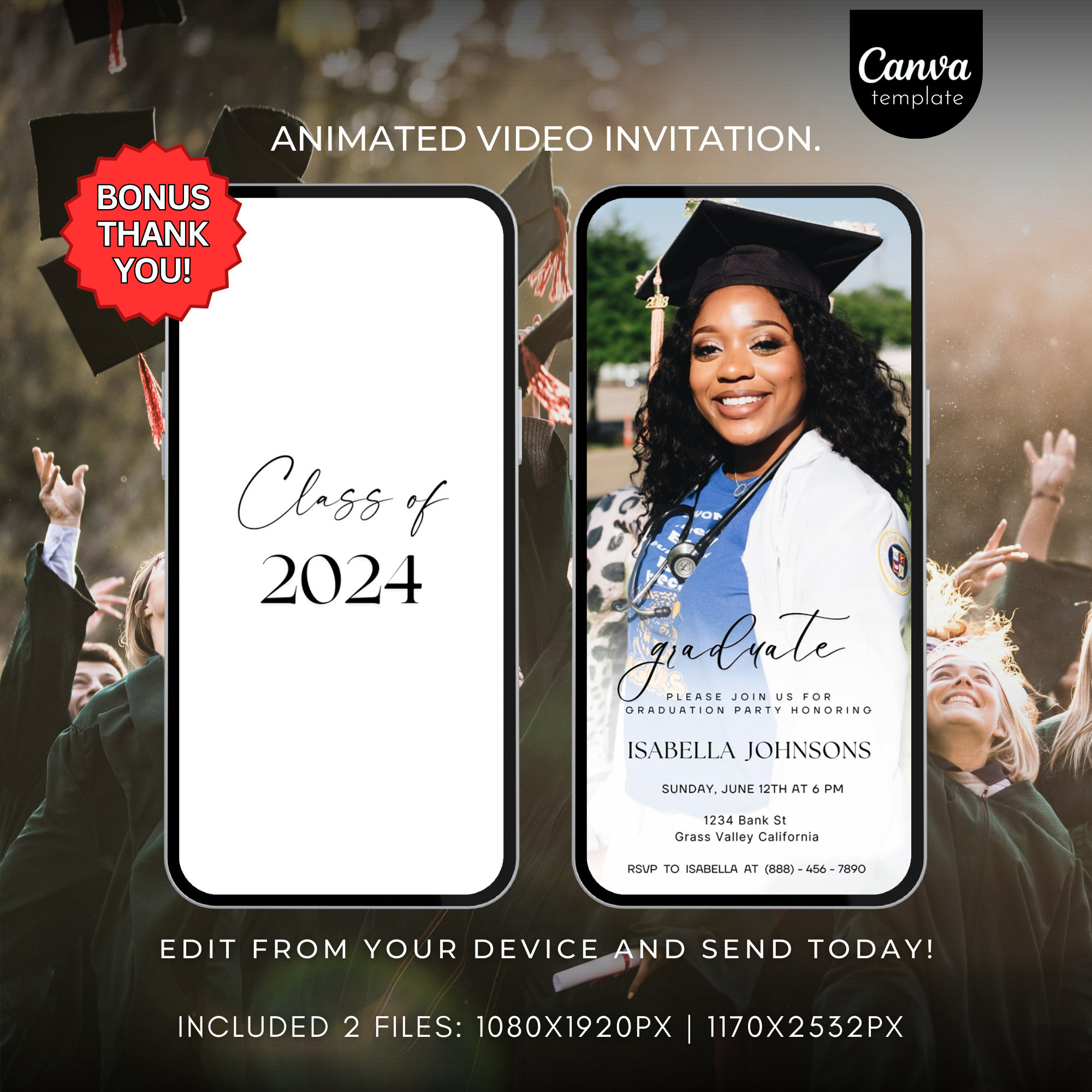Graduation Video Invitation, Animated Grad Announcement, Graduation Invite,  Grad Party Evite Instant Download Editable Template With Photo - Etsy, image size:2000x2000