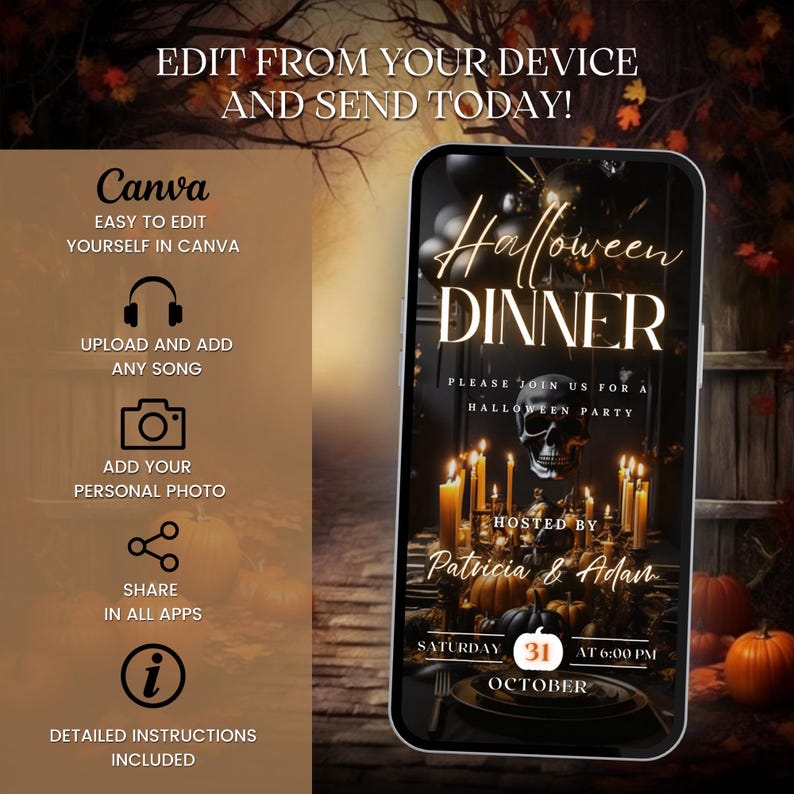 May include: A digital invitation for a Halloween dinner party. The invitation features a black background with a skull, candles, and a table setting. The text on the invitation reads "Halloween Dinner" and "Please join us for a Halloween party." The invitation also includes the date and time of the party, "Saturday, October 31 at 6:00 PM".
