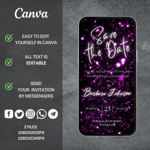 Puede incluir: Tarjeta digital de guardar la fecha de color morado y negro con fondo de purpurina. El texto dice "Save the Date" con un contorno blanco. El texto tambi&eacute;n dice "Por favor, guarda la fecha para la celebraci&oacute;n del 30 cumplea&ntilde;os de Barbara Johnson. Domingo, 25 de agosto. Invitaci&oacute;n formal a seguir."
