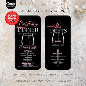 Animated Birthday dinner video invitation digital birthday party invitation text invitation dinner party invite download canva template 525