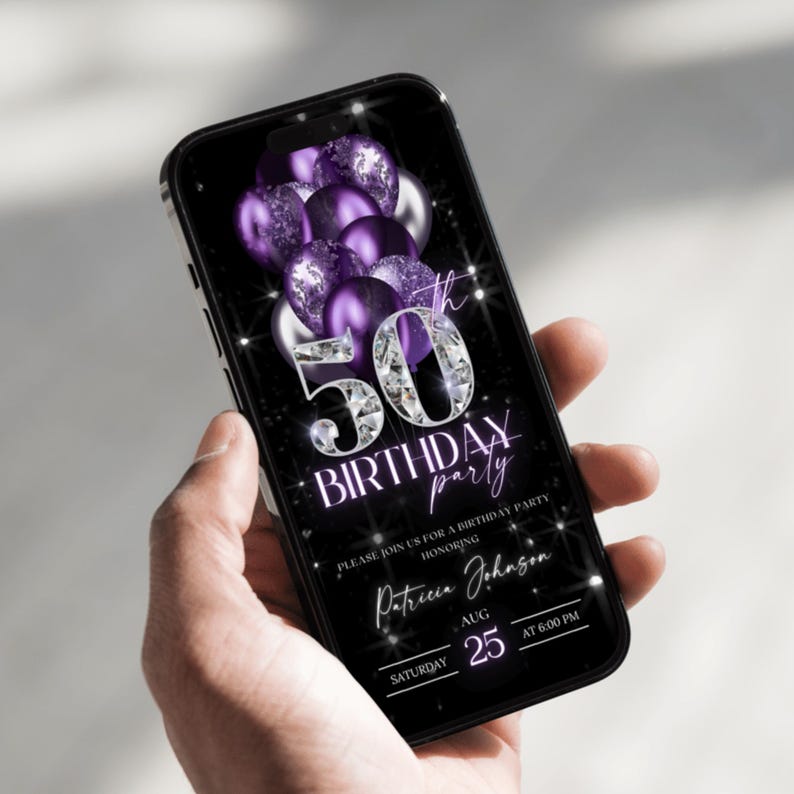 May include: A digital invitation for a 50th birthday party with a black background, silver glitter, and purple balloons. The text reads "50th Birthday Party" and "Please join us for a birthday party honouring Patricia Johnson. Saturday, Aug 25 at 6:00 PM."