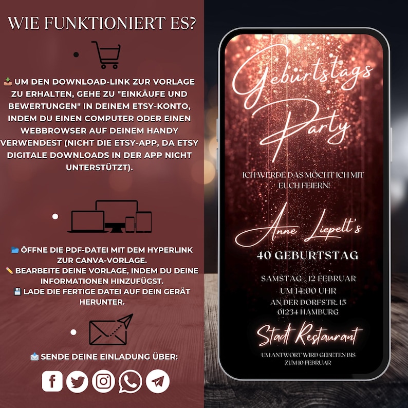Op de afbeelding: Een digitale verjaardagsuitnodigingstemplate met een glinsterende rode achtergrond. De tekst luidt "Geburtstag Party" in wit met een roze omtrek. De uitnodiging is voor Anne Liepelts 40e verjaardag. Het feest wordt gehouden op zaterdag 12 februari om 14:00 uur in het Stadt Restaurant in Hamburg.
