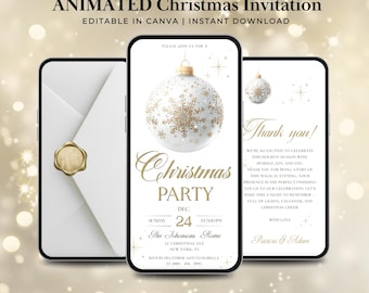 Elegant Animated Christmas Party Invitation Template, White and Gold Holiday Evite, Digital Canva Christmas Card, Instant Download