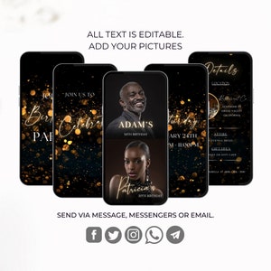 May include: A digital invitation for a birthday party with a black background and gold glitter. The invitation features a photo of a person and the text "Join us to celebrate Adam's 50th Birthday".