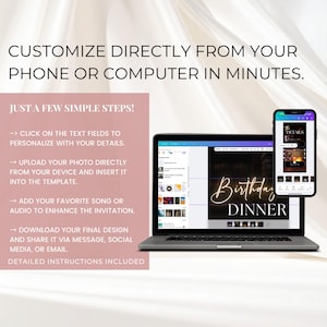 Pu&ograve; includere: Un laptop e uno smartphone che mostrano un modello di invito digitale. Lo schermo del laptop mostra un design con le parole "Birthday Dinner" in corsivo. Il telefono mostra un'anteprima dell'invito. Il testo spiega come personalizzare il design.