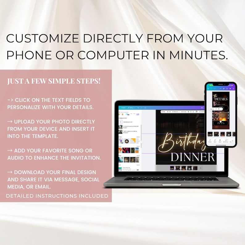 Pu&ograve; includere: Un laptop e uno smartphone che mostrano un modello di invito digitale. Lo schermo del laptop mostra un design con le parole "Birthday Dinner" in corsivo. Il telefono mostra un'anteprima dell'invito. Il testo spiega come personalizzare il design.