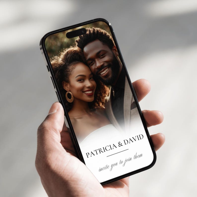 May include: A smartphone screen displaying a wedding invitation with a photo of a couple. The text reads "Patricia & David invite you to join them".