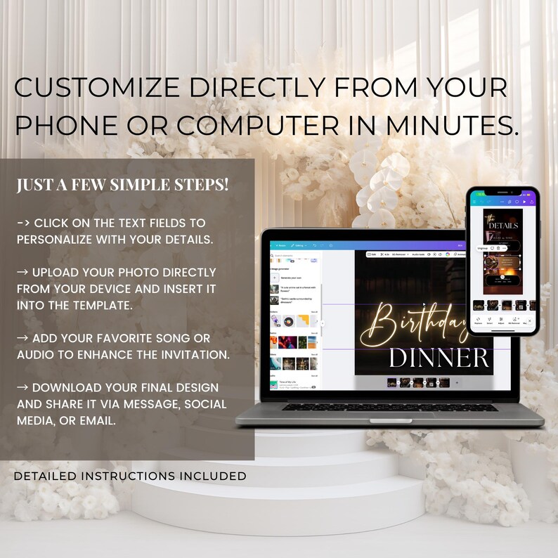 May include: A laptop and smartphone display a digital invitation template. The laptop screen shows editing tools, while the phone showcases a sample invitation. Text on the screen reads "Birthday Dinner". Instructions are included to customize the invitation.