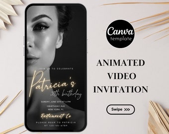 Animated Birthday Invitation with photo Digital Photo Template Canva Gold Neon Electronic Phone Text Message Evite Minimal Instant Download