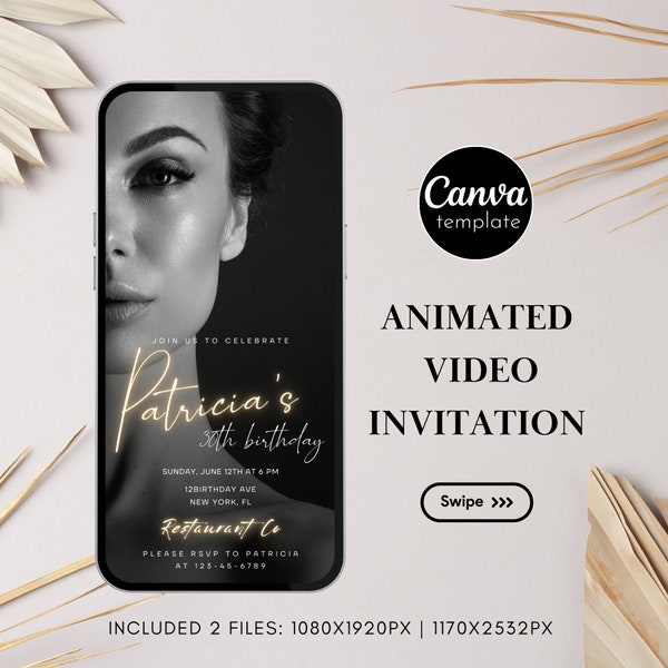 Animated Birthday Invitation with photo Digital Photo Template Canva Gold Neon Electronic Phone Text Message Evite Minimal Instant Download