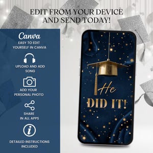 He Did It Graduation Invitation Template 2026, Animated Graduation Evite, Editable Canva Grad Party Invite, Navy Blue Gold Grad Invite bild 6