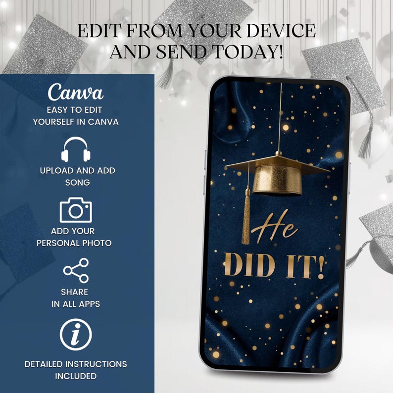 He Did It Graduation Invitation Template 2026, Animated Graduation Evite, Editable Canva Grad Party Invite, Navy Blue Gold Grad Invite bild 6