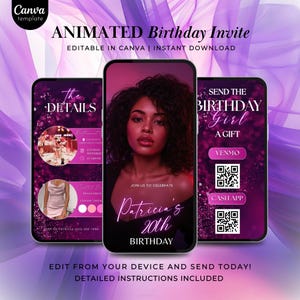 Animated Birthday Invitation for Her, Editable Canva Video Template, Pink Purple Party eCard with Gift Slide and RSVP, Instant Download
