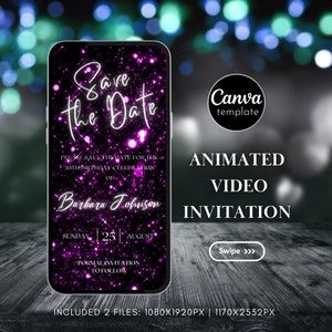 Editable Save the Date Purple Invitation Template Digital Modern Save The Date Birthday Invitation Video template Birthday party evite 33
