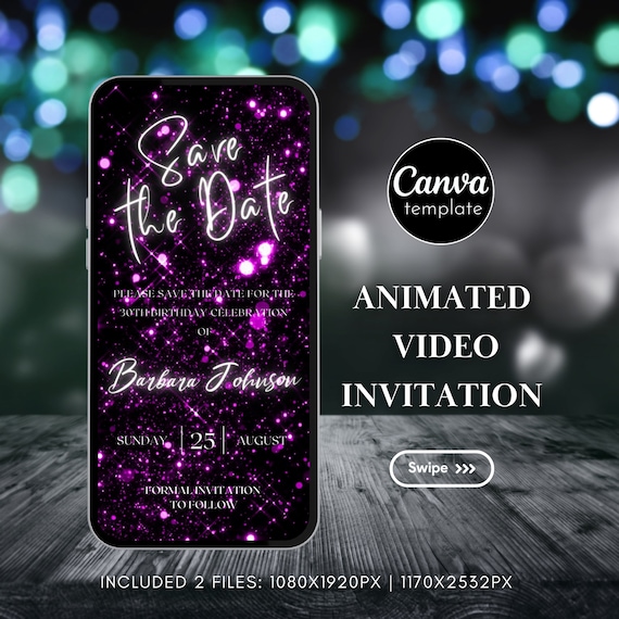 Editable Save the Date Purple Invitation Template Digital Modern Save The Date Birthday Invitation Video template Birthday party evite 33