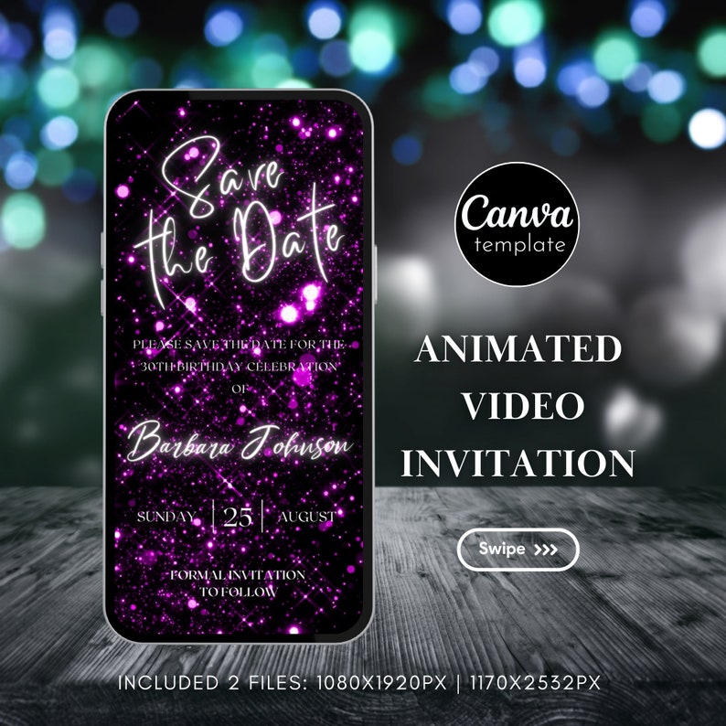 Puede incluir: Plantilla de invitaci&oacute;n de video animada con un fondo de purpurina rosa y el texto "Save the Date" en blanco. El texto "Por favor, guarda la fecha para la celebraci&oacute;n del 30&ordm; cumplea&ntilde;os de Barbara Johnson" tambi&eacute;n est&aacute; incluido. La fecha es el domingo 25 de agosto. El texto "Plantilla de Canva" y "Invitaci&oacute;n de video animada" tambi&eacute;n est&aacute;n incluidos. El texto "Swipe >>>" est&aacute; incluido en la parte inferior de la imagen. El texto "Incluye 2 archivos: 1080x1920px | 1170x2532px" est&aacute; incluido en la parte inferior de la imagen.