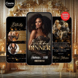 Faire-part d'anniversaire pour dîner, invitation numérique élégante à une fête d'anniversaire avec photo, soirée formelle en or noir, modèle animé auto-modifiable