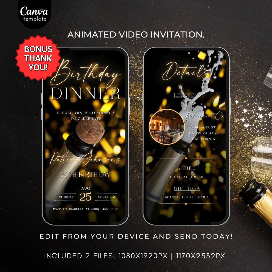 Animated Birthday Dinner Video Invitation Digital Birthday Party