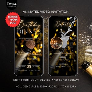Animated Birthday dinner video invitation digital birthday party invitation text invitation dinner party invite download canva template 501