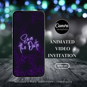 Digital Purple Glitter Invitation Save the Date Animated Video Invite for Woman Minimalist Birthday Evite Instant Download Editable Template