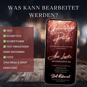Op de afbeelding: Een aanpasbare verjaardagsuitnodigingstemplate met een rode en gouden glitterachtergrond. De tekst op de uitnodiging luidt "Verjaardagsfeestje" en "Ik kan niet wachten om met jullie te vieren!" De uitnodiging bevat ook de naam "Anne Liepelt's", de leeftijd "40", de datum "zaterdag 12 februari", de tijd "14:00 uur", de locatie "An der Dorfstr. 13, 01234 Hamburg" en de naam van het restaurant "Stadt Restaurant".