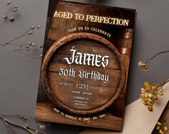 Modèle imprimable modifiable d'invitation de whisky Invitation d'anniversaire de whisky pour homme, invitation d'anniversaire, invitation à une fête de whisky vieilli jusqu'à la perfection