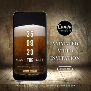 Digital Men&#39;s Beer Birthday Party Invitation Instant Download Editable Template Mobile invite for 50th Birthday Video Invitation for Any Age