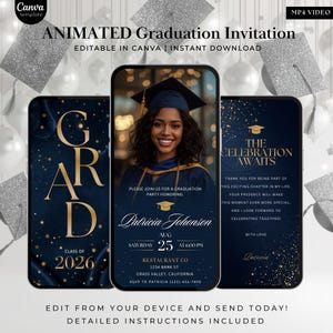 Puede incluir: Plantilla de invitaci&oacute;n de graduaci&oacute;n animada con un dise&ntilde;o azul marino y dorado. La invitaci&oacute;n presenta una foto de un graduado, detalles del evento y el texto "The Celebration Awaits". Incluye instrucciones para editar y enviar.