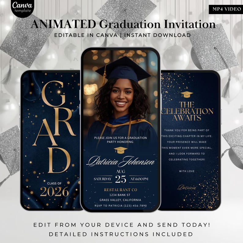 Puede incluir: Plantilla de invitaci&oacute;n de graduaci&oacute;n animada con un dise&ntilde;o azul marino y dorado. La invitaci&oacute;n presenta una foto de un graduado, detalles del evento y el texto "The Celebration Awaits". Incluye instrucciones para editar y enviar.