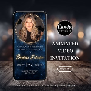 Digitale Save the Date geanimeerde video-uitnodiging blauwe verjaardagsuitnodiging voor vrouw moderne Save The Date bewerkbare sjabloon direct downloaden